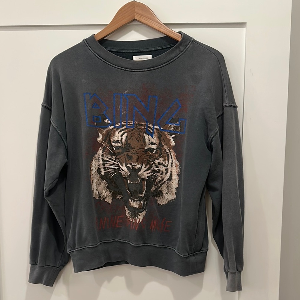 Anine Bing Gray Crewneck Sweater with Graphic Tiger Design